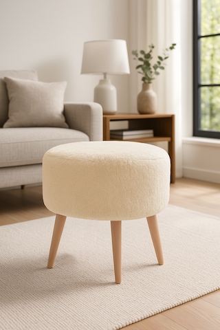 Yuvarlak Puf - 40cm - Welsoft Kumaş - Krem