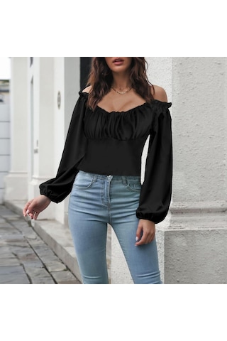 Soonaksesuar Kadın Uzun Kollu Kare Yaka Göğüs Büzgü Detay Sandy Bluz Siyah