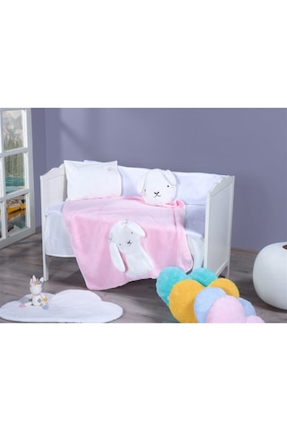 Lüx Sevimli Tavşan Figürlü Welsoft Battaniye + Yastık Açık Pembe