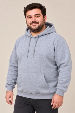 Suma Erkek Büyük Beden Kapüşonlu Kanguru Cepli Şardonlu Sweatshirt Gri