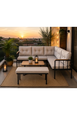 Riva Metal Bahçe Balkon Köşe Takımı Siyah Boyalı İskelet Keten Kumaş Süngerli 180x120 Cm Cappuccino