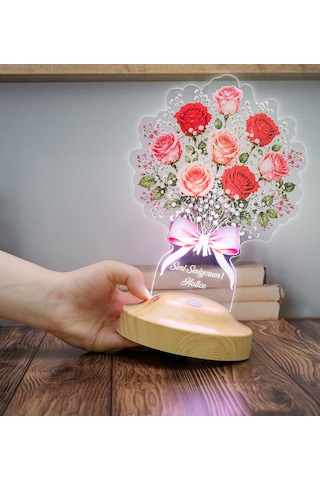 Kırmızı Ve Pembe Gül Buketi Led Lamba Kişiye Özel Sevgili, Eş Ve Yıldönümü Hediyesi