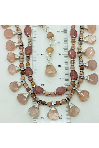 2746 Hindistan El Kesimi Çilek Kuvars Hematit Çelik Aparatlı El Yapımı Kolye 046 - Pembe