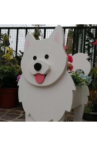 Jeehugo Ahşap Köpek Şekilli S Boyutlu Bahçe Ve İç Mekan Süs Bitki Kasesi - Samoyed Desenli, Dışarıda Ve İçeride Kullanılabilir