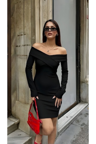 Lymens Noir Elegance Çapraz Bant Detaylı Elbise Siyah