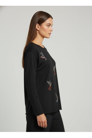 Taş Desenli Uzun Kollu Bambu Viskon Kumaş Bluz Siyah 3