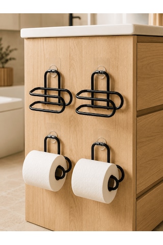 Siyah Metal Wc Kağıtlık Yapışkanlı Duvar Tipi Tuvalet Kağıdı Tutu Çok Renkli