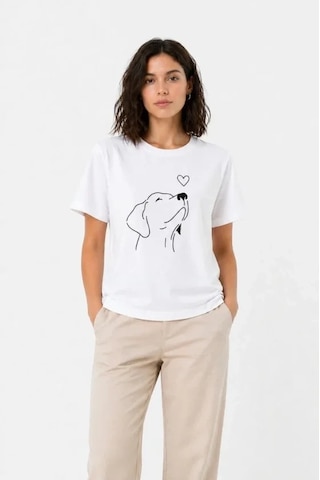 Valensdesign Köpek Figürlü Minimal Baskılı Tişört Kısa Kol Yazlık T-shirt - Beyaz
