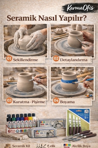Seramik Hobi Başlangıç Seti 5x500gr Kil + 6'lı Akrilik Boya + 5'li Spatula Seti