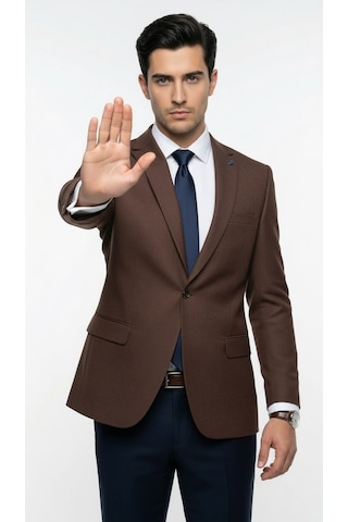 Plus Scorpion Erkek Blazer Ceket Twill Dokuma Likralı Notch Yaka 1 Düğmeli Çift Yırtmaçlı Slim Fit Kahverengi