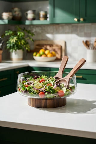 Bosco Akasya Salata Servis Kasesi & Çatal Kaşık - 4300 Ml Şeffaf