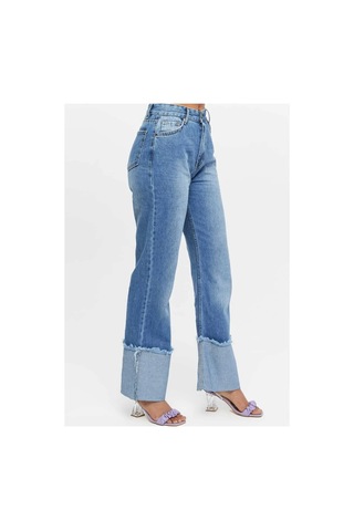 Kene Jeans Yüksek Bel Mavi İşlemli Ters Paça Püskül Detaylı Kot Jeans Mavi İşlemli