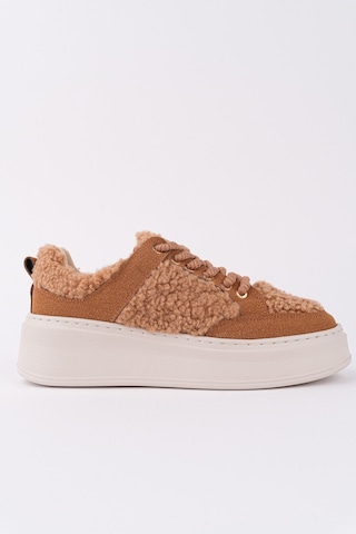 Muggo Fleecy Kalın Taban Bağcıklı Peluş Detaylı Kadın Kışlık Sneaker Spor Ayakkabı Taba