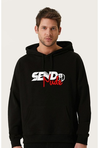 Unisex Oversize Send Nudes Baskılı Kapüşonlu Sweatshirt Siyah