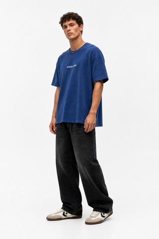 Respire Erkek Marseille Baskılı Yıkamalı Oversize T-shirt Lacivert