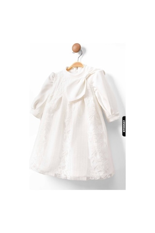 Xo Kids Bohçalı Çiçekli Ajurlu Büzgülü Dik Yakalı A-line Kalıplı Kız Çocuk Elbise 2-6 Yaş 10043 Beyaz