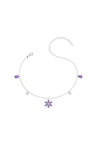 İndigo Takı Ametist Taşlı Lotus Çiçeği Beyaz Gümüş Halhal