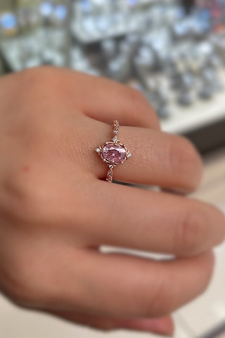 925 Ayar Gümüş Oval Pembe Taşlı Vintage Tasarım Kadın Yüzük Rose