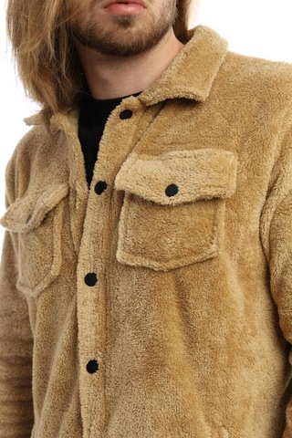 Erkek Çıt Çıt Detaylı Cepli Peluş Ceket Camel Kahverengi