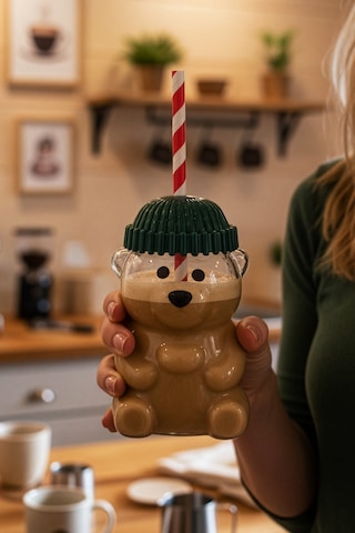 Snippy Bear - Cam Ayıcık Bardak Pipetli Kahve Bardağı Barista İçecek Bardağı 550 Ml Şeffaf