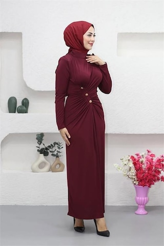 Neşeli Butik Kadın Likralı Düğme Detaylı Tesettür Elbise Nms046 Bordo