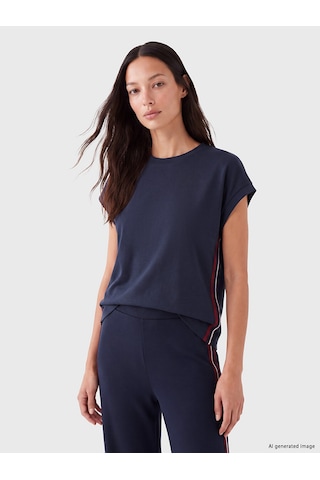 Lcw Everyday Lacivert Şerit Detaylı Soft Touch Oversize Kadın Tişört