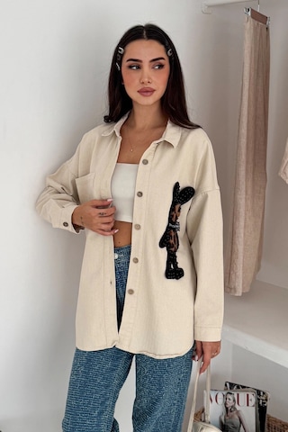 Leopar Ayıcık Armalı Gabardin Kumaş Gömlek Krem Krem