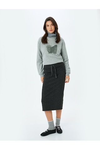 Koton Koton X Şahika Ercümen - Yüksek Bel Slim Fit Midi Boy Kalem Etek Antrasit Çizgili 5wak10471ek Antrasit Çizgili