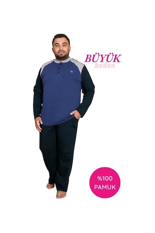 Erkek Büyük Battal Beden Desenli 3 Düğmeli %100 Pamuk Mevsimlik Uzun Kol Cepli Pijama Takımı Koyu Mavi