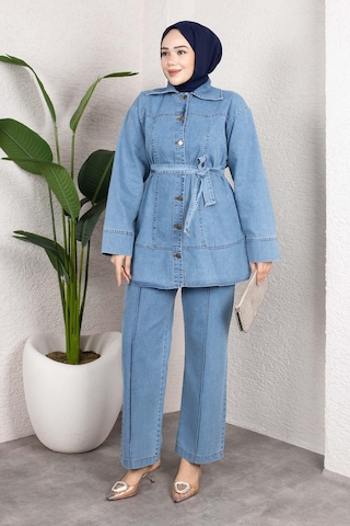Misskayle Kuşaklı Düğmeli Denim Takım Rahat Kesim İkili Kombin Buz Mavisi Buzmavi