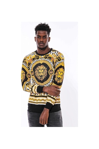Wessi Siyah Üzerine Taşlı Baskılı Bisiklet Yaka Sweatshirt Siyah