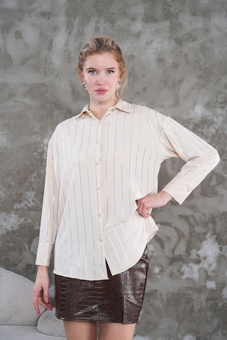 Çizgili Klasik Kadın Gömlek Bej
