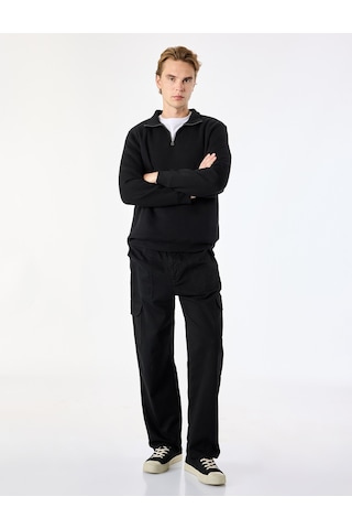 Koton Şardonlu Regular Fit Uzun Kollu Fermuarlı Yaka Sweatshirt Siyah 7wam70003mk