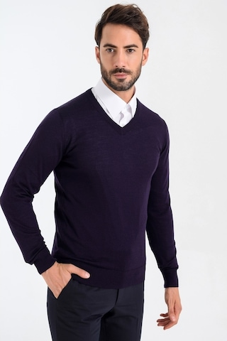 Heyss Mürdüm V Yaka Yünlü Erkek Triko Kazak Mürdüm