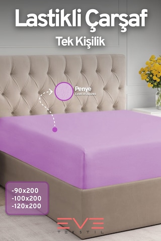 Eve Tekstil Fitted Yüksek Kaliteli Penye Kumaş Tek Kişilik Lastikli Çarşaf Lila
