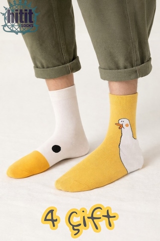 Hitit Socks Unisex 4 Çift Ördek Başı Desenli Çorap Ördek Dese... Çok Renkli