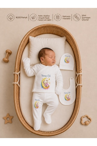 Pia Baby Kişiye Özel Erkek Bebek Zıbın Seti 5'li %100 Pamuk İsimli Organik Baskılı 1109z3x Krem