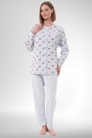 Mecit Pijama Mecit 6315 Mavi Kadın Boydan Düğmeli Büyük Beden Pijama Takımı Mavi
