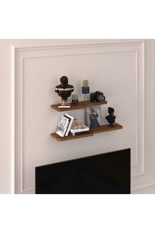 Doğal Modern Organizer Düzenleyici 2'li Kıvrımlı Dekoratif Kitaplık Banyo Mutfak Duvar Rafı Ceviz