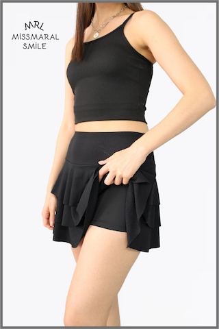 Mykonos Etek Siyah Içte Sabit Şortlu Yüksek Bel Likralı Bürümcük Kumaş Skirt With Shorts 1101 Siyah