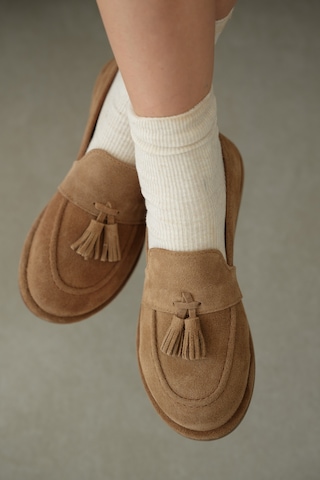 Selin Shoes Belluno Hakiki Deri Püsküllü Kadın Loafer- Vizon Süet
