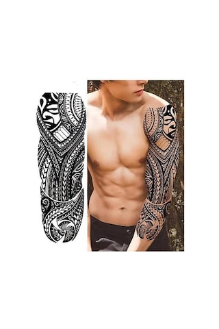 Maori Geçici Dövme Full Kol Tribal Desenli Büyük Boy Tattoo 48x17 Cm Siyah