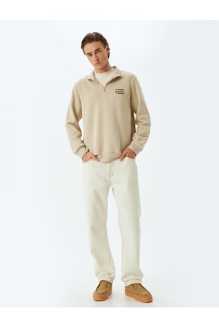 Koton Slogan Baskılı Sweatshirt Yarım Fermuarlı Şardonlu Pamuk Karışımlı Bej 5wam70077mk Ekru