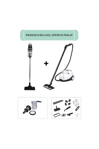 Pirantech CB-107C Çok Fonksiyonlu Buharlı Temizlik Makinası + EK200 Torbasız Kablolu Dikey Süpürge