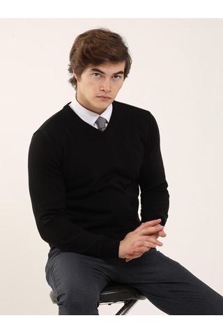 Dufy Siyah Erkek Slim Fit V Yaka Triko - 91127 Siyah