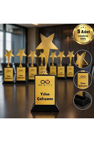 Logonuza Özel 5 Adet Mesajlı Gold Renk Büyük Yıldız Oskar Kurumsal Ödülü 22 X 8 Cm