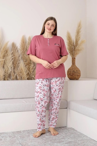 Sude Kadın Büyük Beden Düğme Yaka Penye Kısa Kol İnce Pijama Takımı P134 - 1 Adet Gülkurusu