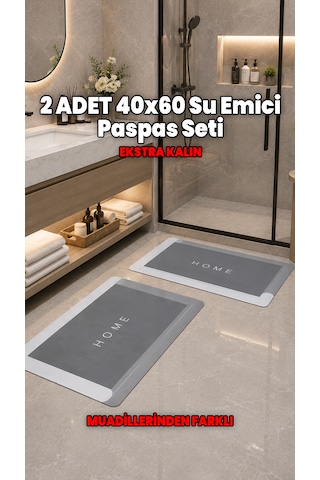 2 Adet 40x60 Ekstra Kalın Su Emici Kaymaz Taban Banyo Paspası Seti Mutfak Tezgah Önü Paspas - Muadillerinden Farklı Gri
