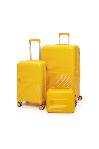 Elatae Exclusive Pro Polipropilen Kırılmaz 3'lü Valiz Seti Büyük - Kabin Boy Ve Makyaj Çantası Sarı 5239