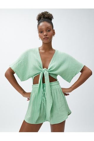 Koton Crop Yoga Tişört Müslin Kimono Görünümlü Bağlama Detaylı Yeşil 3sak10004nw 3SAK10004NW790 Yeşil